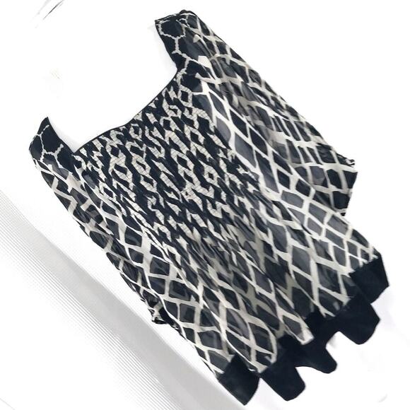 ICE! FLUTTERY, FLOWY BLACK & TAN RUCHED FRONT, SHEER CHIFFON TOP, BLOUSE! SZ L - Picture 1 of 8